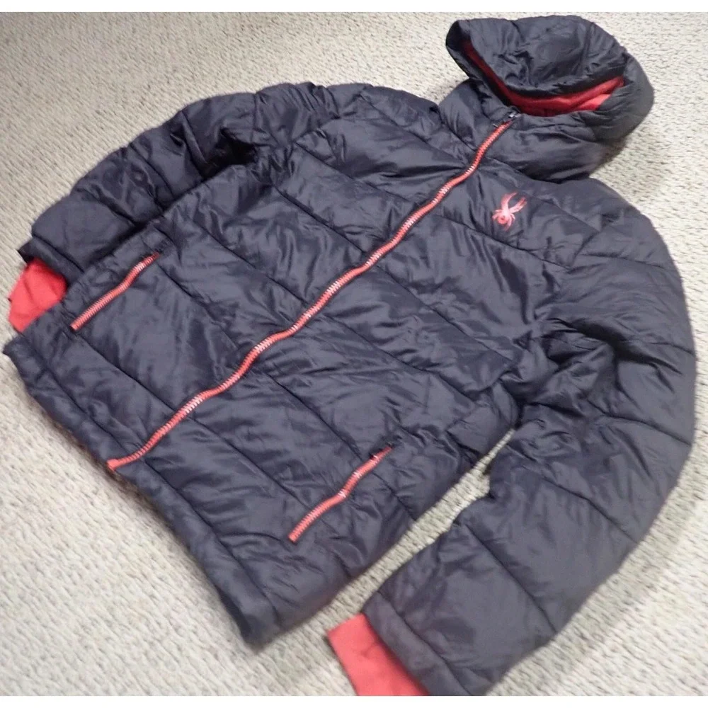 Spyder Puffer Jacket Kids Size L 14/16‎ Black Excellent Hooded Thumbhole Cuffs